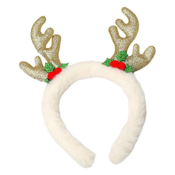 3pcs White Faux Fur Reindeer Antler Headbands Gold Glitter Holly Berry Christmas - Picture 1 of 2